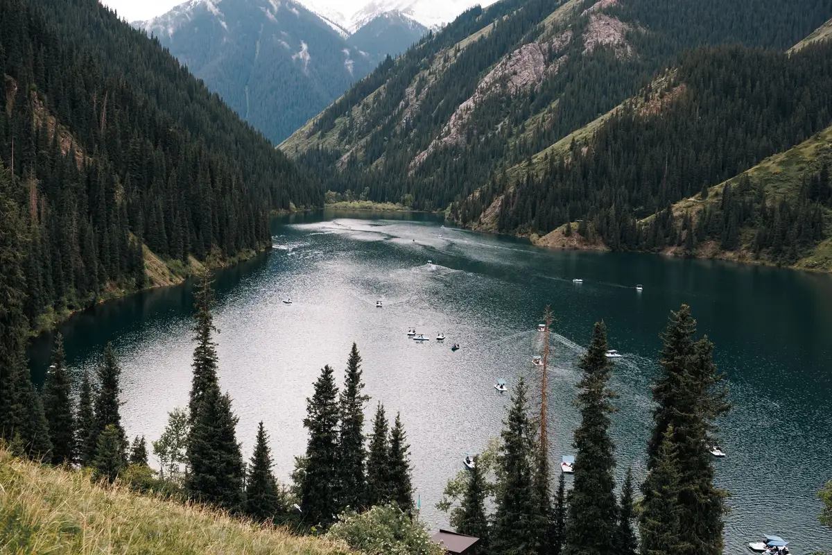 Horské jezero mezi zalesněnými svahy